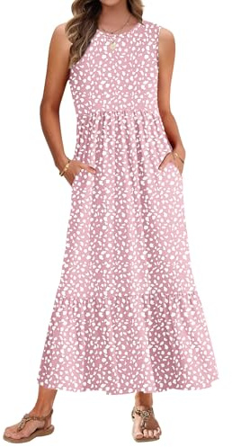 AUSELILY Summer Dresses for Women UK Sleeveless Maxi Dresses Ladies Beach Coverups Sun Dresses Tiered Long Dress with Pockets Pink Horseshoe L
