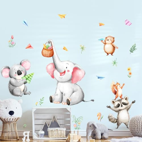 Supzone Wandtattoo Dschungel Tiere Papierflugzeug Wandaufkleber Elefant Koala Waschbär Eichhörnchen Wandsticker Abziehen und ankleben für Kinderzimmer Babyzimmer Schlafzimmer Türen Wanddeko
