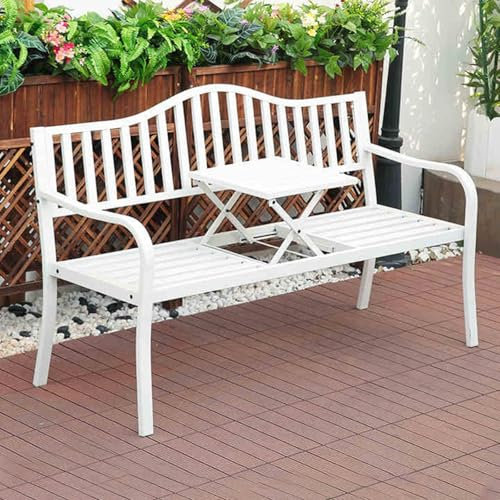 Gartenbank Metall, Parkbank für 2-3 Sitzer, Terrassenbank mit Eingebautem Tisch, Parkbank, Gartenbank, Sitzbank Als Rasendekor für Hof, Terrasse, Garten, Balkon(White)