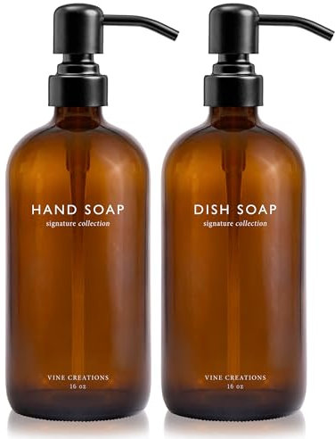Vine Creations Amber Glass Soap Dispenser Set, Dish Soap and Hand Soap Dispenser Set with Stainless Steel Pump, 16 oz Glass Dispensers for Kitchen or Bathroom Decor (Amber Bottle/Matte Black Pump)