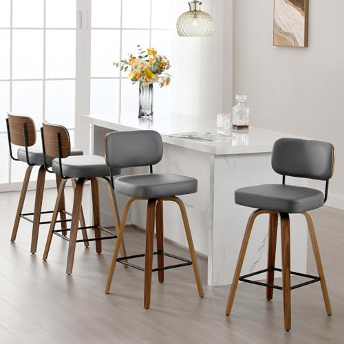 Bekrvio Lot de 4 tabourets de bar pivotants à 360° avec dossier, 65 cm de hauteur d'assise - En cuir synthétique et bois massif - 4 pieds - Pour cuisine et comptoir - Chaise de bar pivotante avec