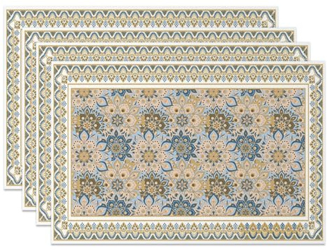 MIRRORANG Marokkanische Tischsets im Vintage-Stil, 4 Stück, 45 x 30 cm, Blau und Gold, aufwendiges Design, Platzsets für Küche, Esszimmer, traditionelle Party-Dekoration