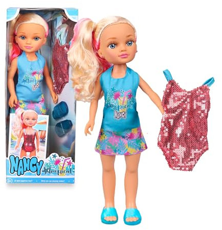 Nancy Tropical, Muñeca Vestida con un Conjunto Veraniego, Incluye un Trousseau de Traje de Baño de Lentejuelas y Sandalias, +3 años, Famosa (NAC93000)