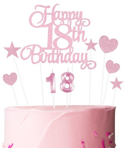 Ainiv Geburtstagskerzen Zahlen 18, Tortendeko zum 18. Geburtstag, 18. Geburtstag Kuchendeko für Jungen Mädchen, Rosa Stern-Herz-Tortenaufsatz für Party, Cupcakes, Desserts und Gebäck