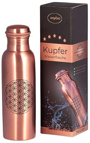 DAYASA Kupferflasche 750 ml Blume des Lebens - für energetisiertes Trinkwasser mit Kupfer, Trinkflasche aus Kupfer, auslaufsicher und lebensmittelecht