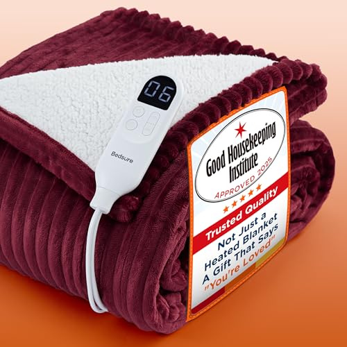 Bedsure Electric Blanket Heated Throw - Ribbed Flannel 130x160cm, Red