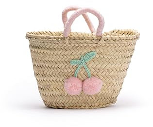 ZocoChic Capazo de Playa de palma, Bolso de Palma Infantil con Diseño de Cerezas, Asas Rosa, Pompones Decorativos, Aprox. 20 cm, Artesanal
