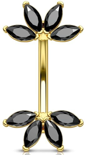 OUFER 14G Or Piercing Nombril Acier Chirurgical 316L Fleur Piercing de Ventre Noir Marquise CZ Anneau Nombril Belly Button Bar pour Femme 10 mm