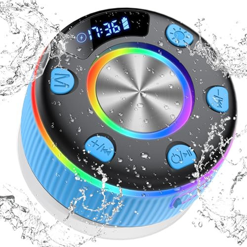 Bluetooth Shower Speaker, Portable Wireless Speaker with Time Display, 2025 IP7 Waterproof Mini Speakers with 360° Stereo Bass Sound, RGB Lights, Bulit-in Mic, Suction Cup for Bathroom, Travel, Blue