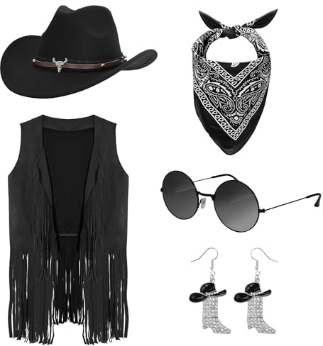 OJMHD 5 Pcs Western Cowgirl Outfits for Women, Cowboy Costume Fancy Dress | Include Tassels Vest Hat Earring Hippie Glasses Bandana for Halloween Hen Party Adult Cosplay Carnival