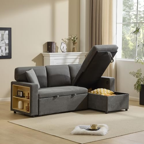 Aptliton Corner Sofa Bed Corner Couch L-Shaped Sofa Bed Extendable, Storage Box and Integrated Shelf for Small Apartments, Dark Grey