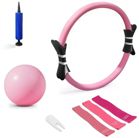 Pilates-Ring-Set – 14 inch Magic Circle inkl. Miniball, Widerstandsbändern, Anleitung & Tasche | Komplett-Set für effektives Training zu Hause