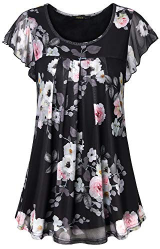 Vafoly Damen Bluse, Kurzarm Frauen Sommer Oberteile Rundhals A-Form Flatternd Vintage Mehrlagig Falten Lockere Feminin Smart Blusen Oberteile Multicolor Schwarz L