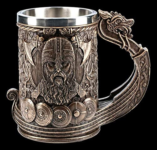Wikinger Fantasy Bier-Krug - Drakkar bronziert | Humpen, miot Henkel, Deko-Artikel, mit Edelstahleinsatz, H 15 cm