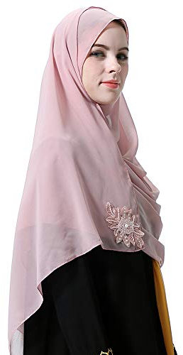 MoreChioce Hijab Schal Lange Kopftuch,Damen Perle Chiffon Turban Muslimische Kleidung Hijab Frauen Islam Headwear Bonnet Kopfbedeckung Glitzer Blume Multifunktionstuch Bandana,Dunkel Rosa
