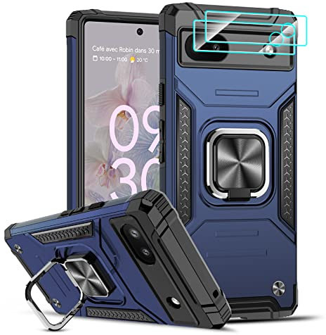 LeYi for Google Pixel 6A Case and 2 Pack Camera Lens Protector, Ring Holder Stand Shockproof Military Grade Protective Hard Bumper Mobile Phone Cover Case for Google Pixel 6A (6.2 inches Screen) Blue