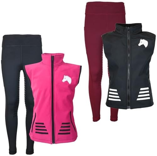 MS-Trachten Reitset Kinder Reitweste Softshell Juli Pink mit Silikon-Vollbesatz Reitleggings Schwarz (146/152)