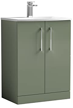 nuie ARN803G Arno Modern Bathroom Floor Standing 2 Door Vanity Unit with Curved Ceramic Basin, 600mm, Satin Green