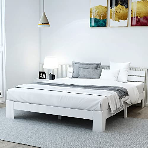 Elim's Choice Massivholz Doppelbett mit Lattenrost, Doppelt Bett aus Holz mit Kopfteil, für Erwachsene, Kinder, Jugendliche 140x200 cm (Weiß)