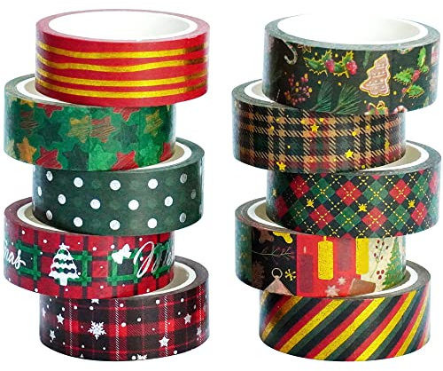 YUBX 10 Rollen Weihnachten Washi Tape Set GoldFolie Masking Tape dekorativ Klebeband für Kunst, DIY Handwerk, Bullet Journal liefert, Planer, Scrapbook, Geschenk Verpackung (X'Mas Retro)