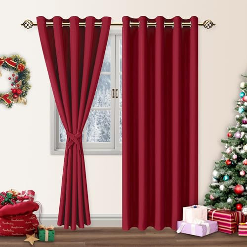 DWCN Gardinen Blickdicht Verdunkelungsgardinen mit Ösen Vorhänge Wohnzimmer mit Vorhang-Krawatten, Thermovorhang Kälteschutz 2 Stücke, Rot, 225x140cm(HxB)