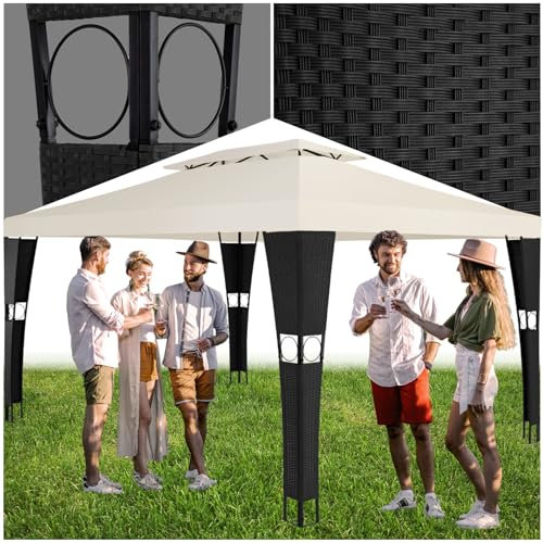 tectake® Poly Rattan Pavillon wetterfest, 3x4 m, Zelt, Sonnenschutz Balkon, Gartenpavillon, Partyzelt, Sonnenschutz Terrasse, Überdachung, Sonnenpavillon Garten - schwarz/Creme
