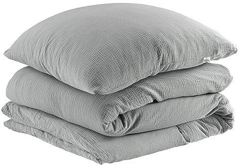 Pure Label Musselin Bettwäsche 155x220 cm mit einem Kissenbezug 80x80 cm aus 100% Baumwolle - Traumhaft weiche, kuschelige Bettwäsche-Sets in grau aus Musselin
