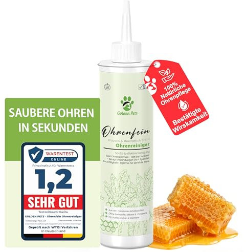 Golden Pets TESTURTEIL SEHR GUT - Ohrenreiniger Hund & Katze, 100% natürlich gegen Entzündung, Juckreiz, Ohrenspülung, Ohrenschmalz Entferner, Ohrenreiniger für Hunde & Katzen, 250ml + neues E-Book