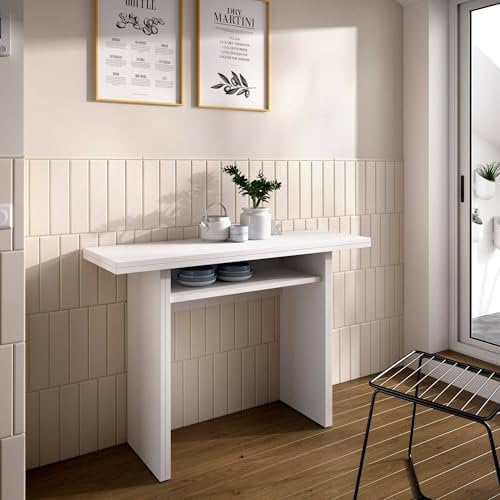 Dmora - Ausziehbarer Tisch Rodella, ausziehbare Zusatzkonsole mit Mehreren Positionen, klappbarer Esstisch mit klappbarer Platte, 110 x 33/66 x 75 cm, Weiß