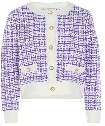 Aleva Women's Damen Französischer Pullover Rundhalsausschnitt und Karomuster Wollweiss Flieder Größe M/L Cardigan Sweater, Medium