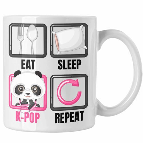 Trendation - Eat Sleep K-Pop Tasse Geschenk Koreanische Musik Kpop Geschenkidee Spruch (Weiß)
