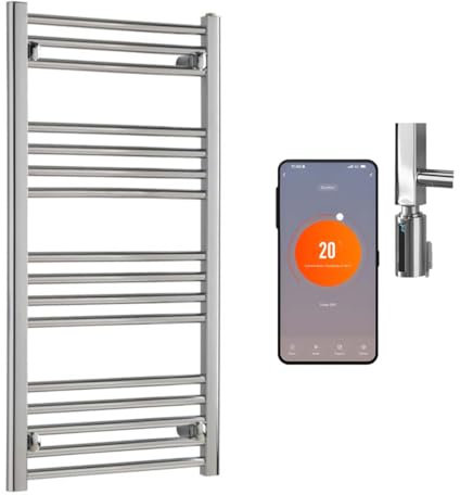 Bray Straight Chrome R4 Wifi Thermostatic Electric Heated Towel Rail/Warmer/Radiator With Timer. Round Tube Ladder Design, 1000 x 500