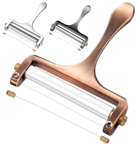 TOPULORS Wire Cheese Slicer Stainless Steel Handheld Cheese Cutter for Mozzarella, Cheddar, Gruyere - with 1 Extra Wire - Adjustable Thickness Cheese Shaver Slicers for Block Cheese - Copper Red