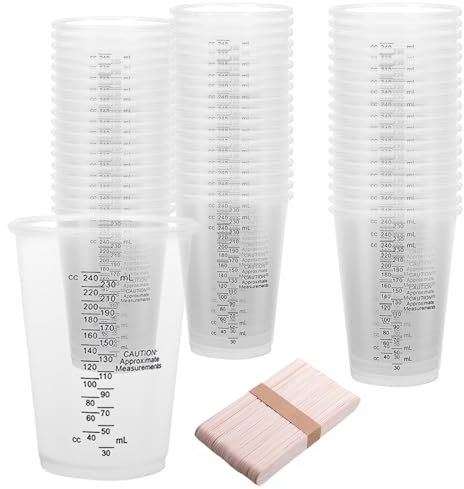 Sporgo Gobelets doseurs en résine époxy : 50 pièces 240 ml petit verre doseur avec 50 bâtonnets de mélange, gobelet doseur réutilisable avec graduation pour liquides, mélange de résine, peinture,