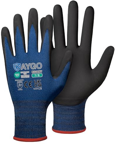 KAYGO Arbeitshandschuhe Herren Damen 3 Paar, Mikro Schaum Nitril beschichtet Atmungsaktiv Nylon Schutzhandschuhe, Antirutsch Grip Leicht Ölbeständig, Ideal für Auto Arbeit, KG18N (Navy Blau, S, Gr 7)