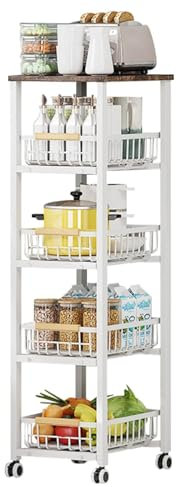 Uptyia Carrito Auxiliar con Ruedas 5 Niveles – Carro de Cocina o Baño con Cestas Extraíbles, Estantería Metálica Blanca, 40x30x107,5 cm, Organizador Multiusos