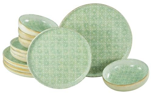CreaTable, 24085, Serie Uno Emiliana Grün, 12-teiliges Geschirrset für 4 Personen, Teller Set aus Steinzeug, spülmaschinen- und mikrowellengeeignet, Made in Portugal
