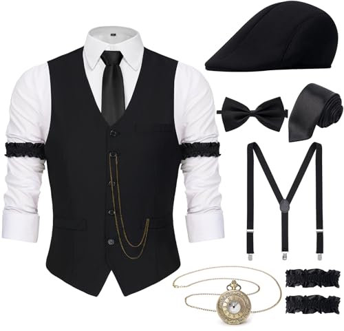 YESSA 20er Jahre Kostüm Herren 20er Jahre Accessoires Gatsby Herren-1920er Hut Weste Taschenuhr Krawatte,20er Herren Outfit