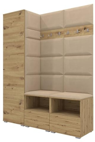 RAVIO Flurgarderobe 150 cm Ink. Schuhschrank mit Sitzbank, Garderobe Set mit Garderobenpaneel, Wandpolster & Push to Open Türen - Artisan Eiche/Wandpaneel Beige