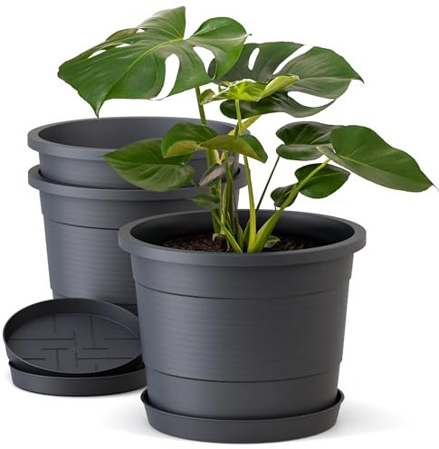 Plastard Blumentopf Terra 3er Set 46 cm Durchmesser Anthrazit - runder Pflanzkübel mit Untersetzer aus Kunststoff - witterungsbeständiger Übertopf, großer Pflanztopf