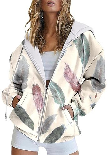 Oversize Damen Jacken Oversized Sweatshirt Damen Frühling und Mode Kapuzenpullover Langarm Tasche Reißverschluss Sportjacke lose Feder bedruckt Damen Oversize Damen Jacken Oversized Sweatshirt (Q, M)