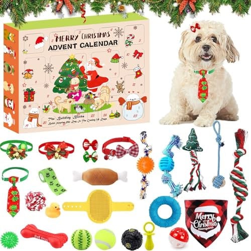 Hunde Adventskalender 2025, Weihnachtskalender 2025 Hundespielzeuge, 24 Tage Weihnachts Countdown Hund Interaktives Spielzeug,Hundehalstuch Knochenspielzeug Hunde Weihnachten Geschenk