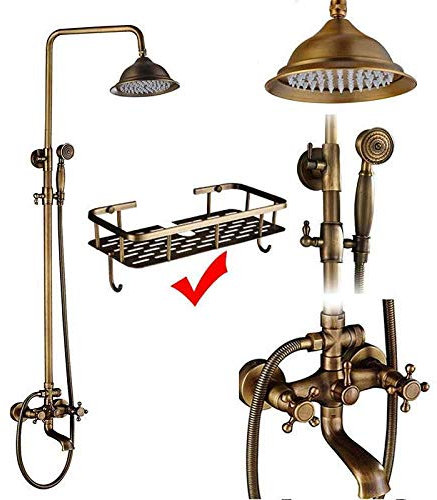 Antique Brass Shower System with Porcelain Ceramic Shower Column Swivel Rotate Bath Spout Dual Knobs Mixer Tap Complete Bath Shower Kit
