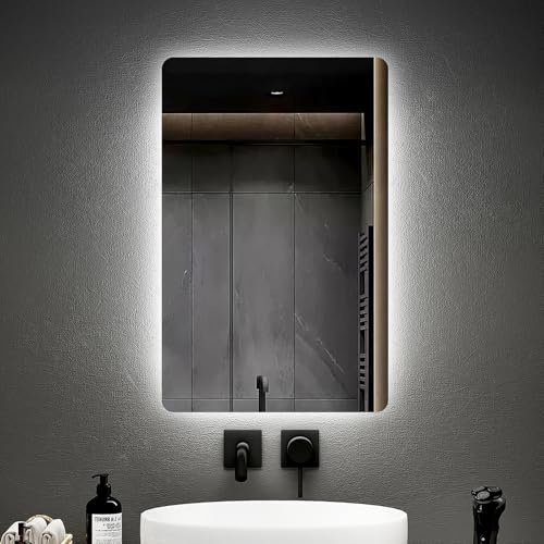 EMKE Badspiegel mit Beleuchtung 40x60cm, Badezimmerspiegel mit Beschlagfrei und 2 Lichtfarbe Warmweiß/Kaltweiß, Taste, Horizontal/Vertikal Explosionsgeschützte Spiegel Klein