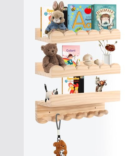 Rainmae Bücherregal Kinder, 40cm 3er-Set, Regal Kinderzimmer, Wandregal Kinderzimmermit Holzhaken ideal für Bücher und Spielzeug,Montessori Regal 100% Holz
