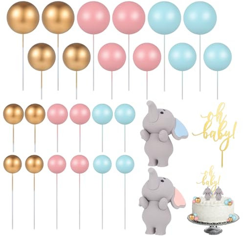 ALTcompluser 27 Stück Elefant Tortendeko Kugeln Tortendeko Schaumkugeln mit Oh Baby Cake Topper Elefant Kuchen Topper DIY Kuchen Deko für Jungen Mädchen Babyparty Geburtstag