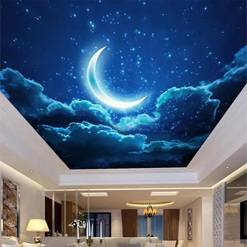 GZGZG Wandbild 3d Deckentapete blauer Sternenhimmel Mond Wohnzimmer Schlafzimmer Hintergrund Wanddekoration Kunst Seidentuch Aufkleber