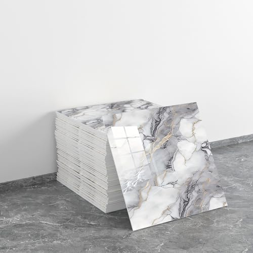 LVSHI 20 pannelli da parete in PVC con effetto marmo, impermeabili, per doccia, paraschizzi, piastrelle adesive da parete per camera da letto, cucina, 30 x 30 cm (grigio e bianco con linee oro chiaro