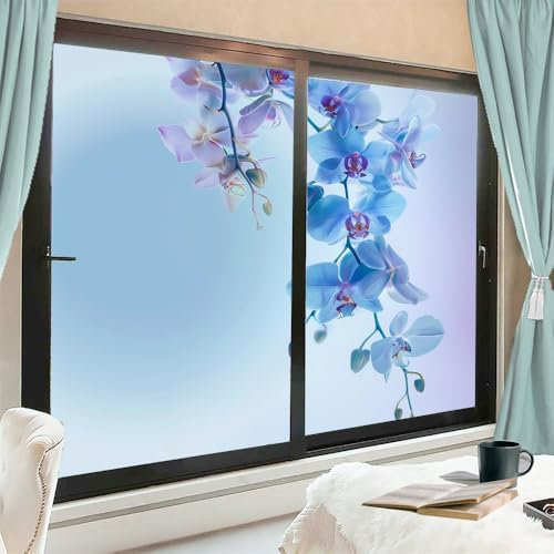 Rustikale Ast Orchidee Fensterfolie Sichtschutz Blau Natürliche Blumen Pflanzen Fensteraufkleber für Glas Dekorative Aufkleber Statisch Haftende Sonnenblockierende Abdeckungen 70 x 100 cm x 2 Stück