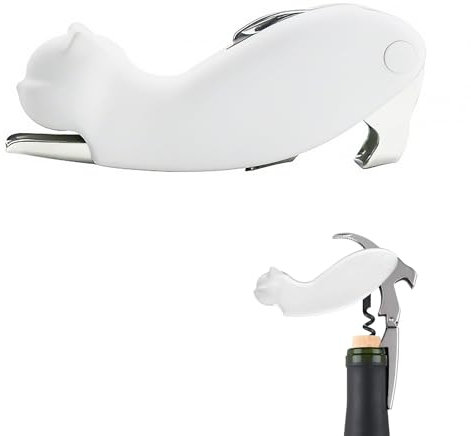 Cavatappi Professionale per Vino e Birra, Apribottiglie in Acciaio Inossidabile a Forma di Gatto con Manico Ergonomico, Facilità d’Uso e Divertente con Coltello Per Foil (Bianco)